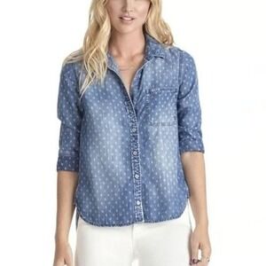Cloth‎ & Stone Anthropologie Chambray Print Button Down Shirt Top Blue Size S
